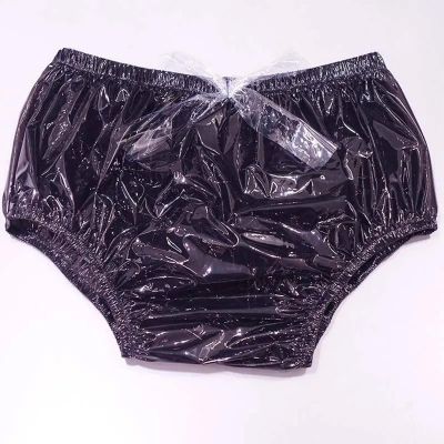 Adult Plastic Diaper Pants, Transparent PVC Large Size High-Waisted Lace Trim Wide Crotch Plastic Pants, Adult Incontinence Pants (Black B, XX-Large)