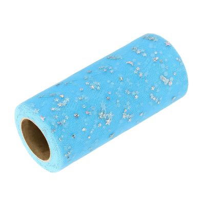 DEFANEX Glitter Tulle Ribbon (6 Inch x 25 Yards) - Star Moon Pattern Wide Mesh Ribbon Sparkle Fabric Tulle Rolls, for DIY Tutu Skirt Bow Wedding Decor Gift Wrapping, Light Blue