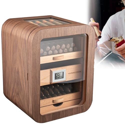 110-Cigar Humidor Cabinet with Spanish Cedar Lining, Digital Hygrometer, Large Drawers, Glossy Ebony Finish, Stylish Desktop Cigar Gift for Men (Gray with Sunroof)