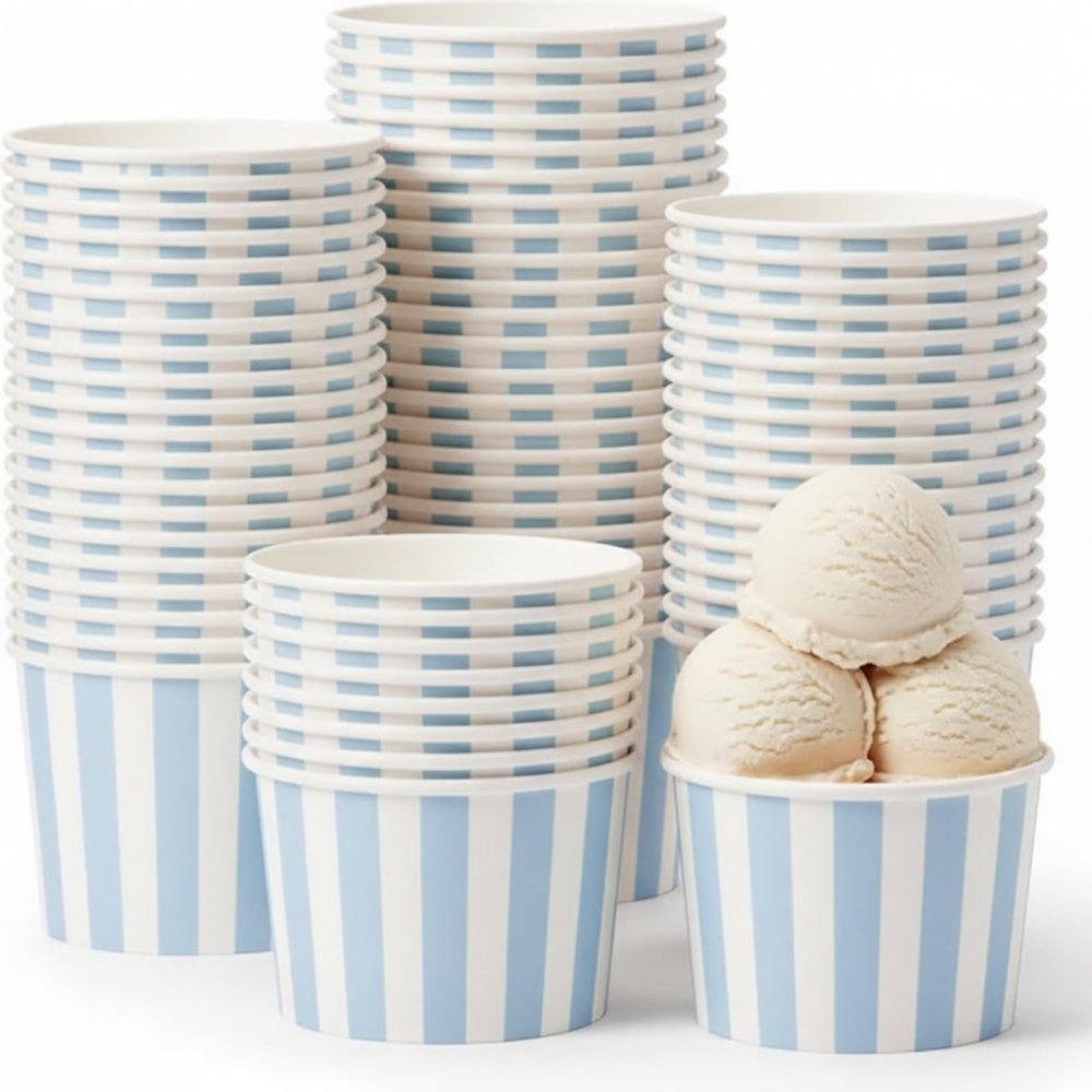 Zopeal 50 Count Blue Striped Ice Cream Cups Disposable 9 oz Ice Cream Bowls Paper Race Car Birthday Party Supplies Snack Cups Sundae Picnic Dessert Yogurt Bowls for Food