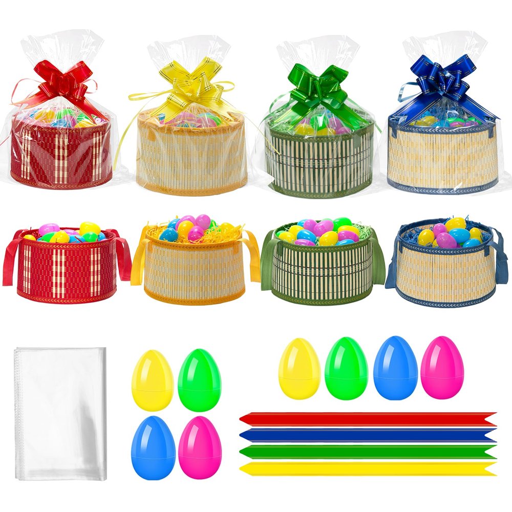 8Sets Large Easter Basket Foldable Easter Baskets with Handle Ribbon Cellophane Bags 24 Colorful Eggs for Easter Egg Hunt Baskets for Gifts Empty (8PCS- Large)