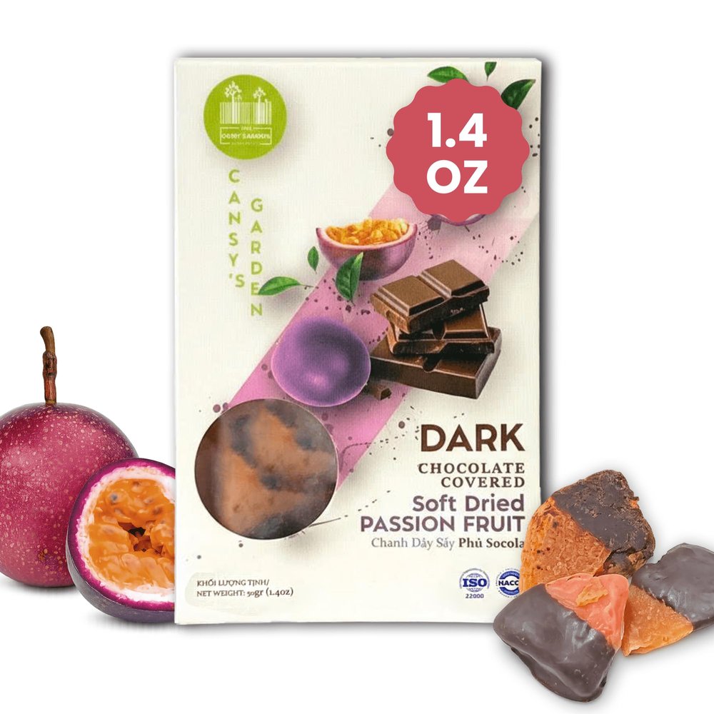 Cansy's Garden Chocolate Covered Passion Fruit, Sweet & Tart Dried Passion Fruit in Dark Chocolate | Tropical Gourmet Snack, Individually Packed, Vegan, Healthy, On the Go Snack Box 1.4 oz