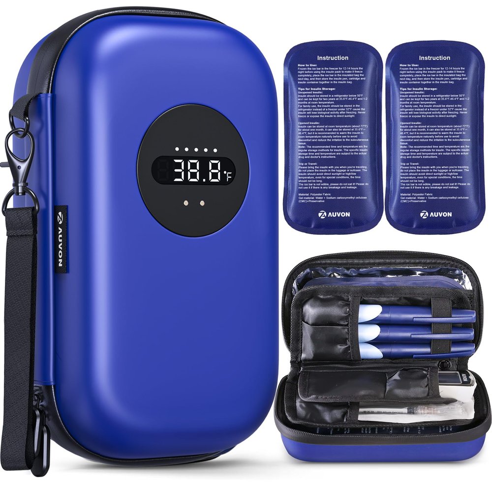 AUVON Insulin Cooler Travel Case with Rechargeable Temp Display, Insulin Pen Cooler Travel Case with 2 x 160g TSA Approved Ice Packs, Waterproof Insulated Cooler Bag for Daily Use & Trip