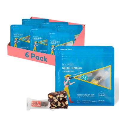 Nuts Knock Toasty Walnut Date Superfood Bites | x6 Grab-and-Go Bags (10-11 pieces each) | Walnut & Date Crunch Snack | Clean Label, Natural Sweetness, Healthy Treat