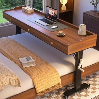 GUAWJRZDP Adjustable Height Overbed Tables with Wheels, Over Bed Desk with Hand Crank, Mobile Bed Tables with Drawer, Portable Desk Over Bed for Laptop, Reading Home Office(Brown+Black,130cm/51.1'')