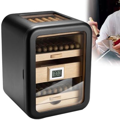 110-Cigar Humidor Cabinet with Spanish Cedar Lining, Digital Hygrometer, Large Drawers, Glossy Ebony Finish, Desktop Cigar Gift for Men (Gray, Sunroof)