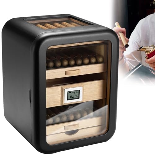 110-Cigar Humidor Cabinet with Spanish Cedar Lining, Digital Hygrometer, Large Drawers, Glossy Ebony Finish, Desktop Cigar Gift for Men (Gray, Sunroof)