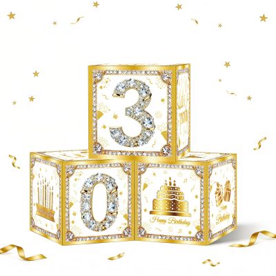 30th Birthday Decorations Boxes for Women, 3PCS Happy 30th Birthday Balloons Boxes, White Gold Theme Cardboard Box Supplies, Bday Theme Cardboard Box Table Decorations, Cube Boxes Party Supplies