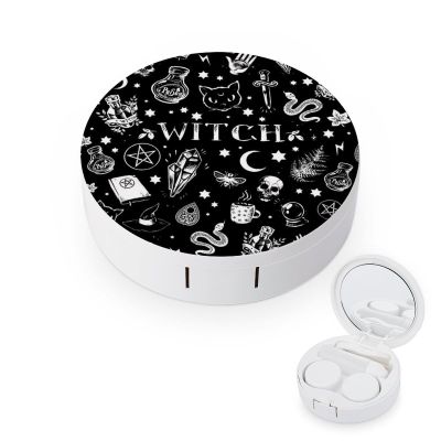 EOQIFJM Magical Skull Cat Moon Gothic Pattern Black Circular Contact Lens Storage Box, Portable Storage Box