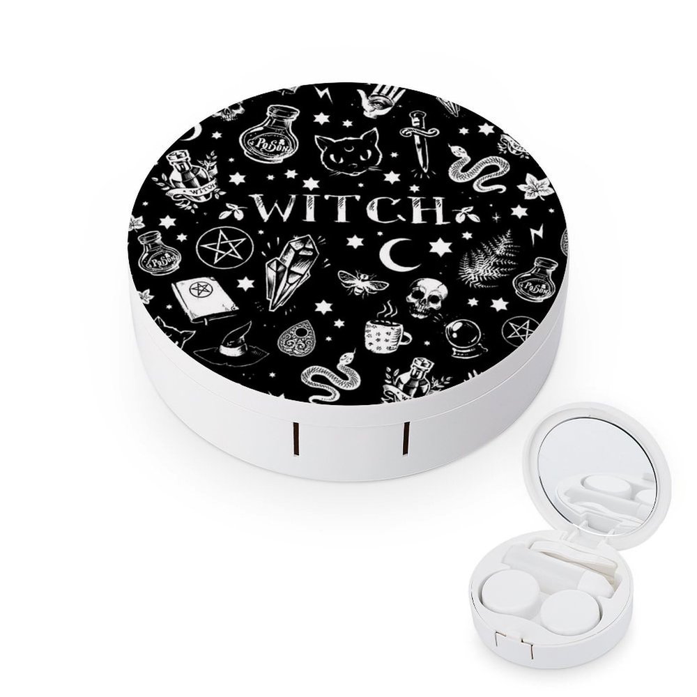 EOQIFJM Magical Skull Cat Moon Gothic Pattern Black Circular Contact Lens Storage Box, Portable Storage Box