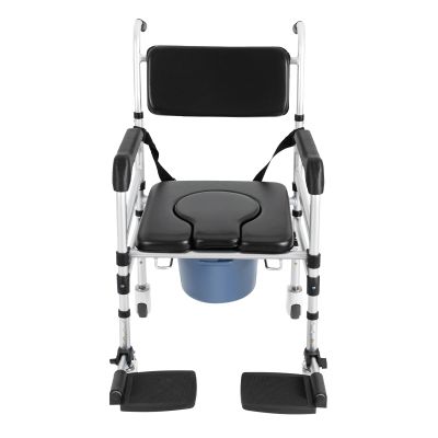 HUASSION Shower Chair with Wheels, 4-in-1 Adjustable Height Folding Shower Commode, 352lbd Max. Capacity, Rolling Shower Wheelchair, Black & Silver Bedside Toilet Chair for Elderly, Disabled, Injured