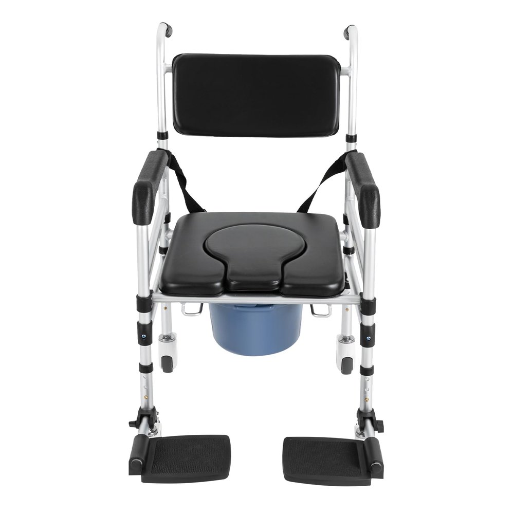 HUASSION Shower Chair with Wheels, 4-in-1 Adjustable Height Folding Shower Commode, 352lbd Max. Capacity, Rolling Shower Wheelchair, Black & Silver Bedside Toilet Chair for Elderly, Disabled, Injured