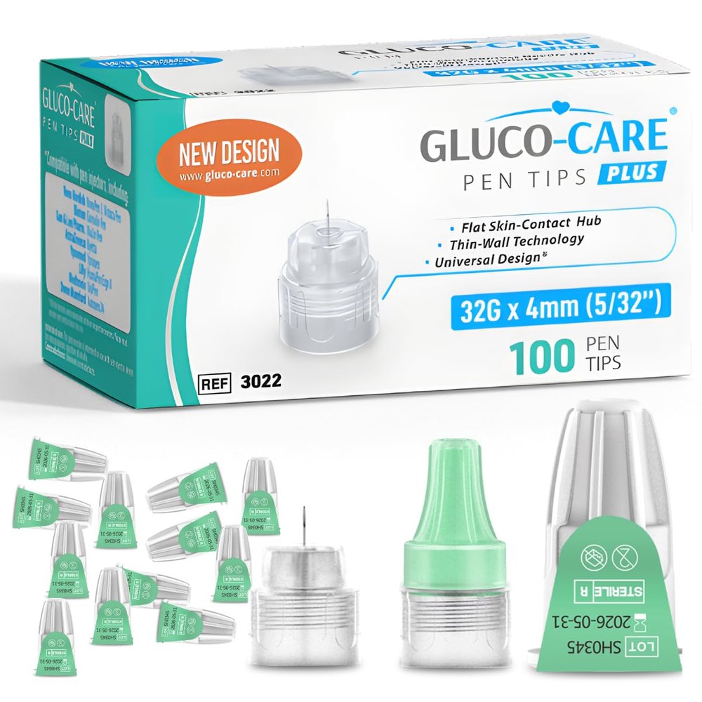 GLUCO-CARE Plus Pen Tips 32G x 4mm Universal Fit, Flat-Seat Base Design, Thin-Wall Technology, Twist-On Connection, 100 Count
