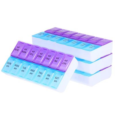 LRXIYODE 7-Day Weekly Pill Organizer 4Pcs Large Plastic 14-Compartment Dual-Row Medicine Box for Daily Vitamins and Fish Oil Capsules Storage