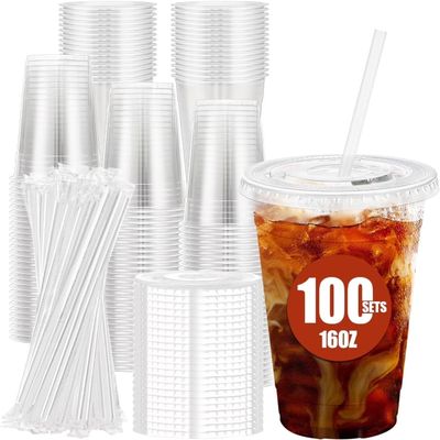 16 ounces Transparent Plastic Material Drink Cups featuring Straw-Slot Lids [100 Set Collection] PET Material Crystal Transparent Single-Use Drink Cups BPA-Free Construction + Crack-Resistant