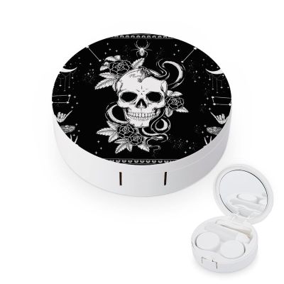 EOQIFJM Skull Black And White Snake Moth Skeleton Mandala Moon Star Pattern Circular Contact Lens Storage Box, Portable Storage Box