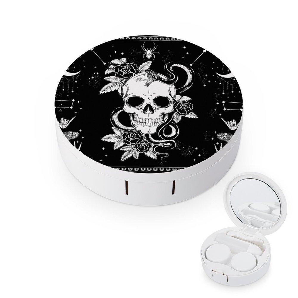 EOQIFJM Skull Black And White Snake Moth Skeleton Mandala Moon Star Pattern Circular Contact Lens Storage Box, Portable Storage Box