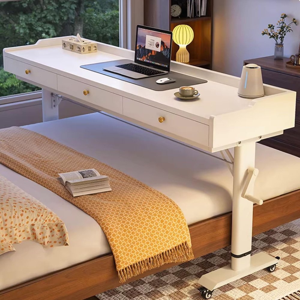 GUAWJRZDP Adjustable Height Overbed Tables with Wheels, Over Bed Desk with Hand Crank, Mobile Bed Tables with Drawer, Portable Desk Over Bed for Laptop, Reading Home Office(White,240cm/94.4'')