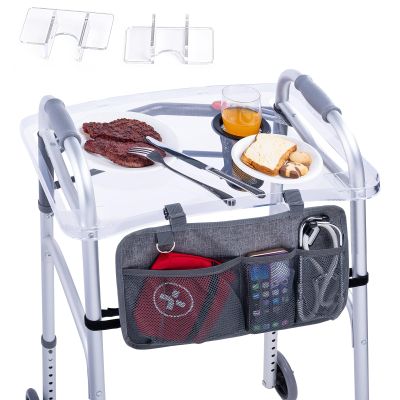 BAGSFY Clear Walker Tray Table with Cup Holder & Storage Bag Non-Slip Food Tray, Fits Standard Folding Walkers with Side Bars, Walker Accessories for Seniors, Supports Up to 10 lbs