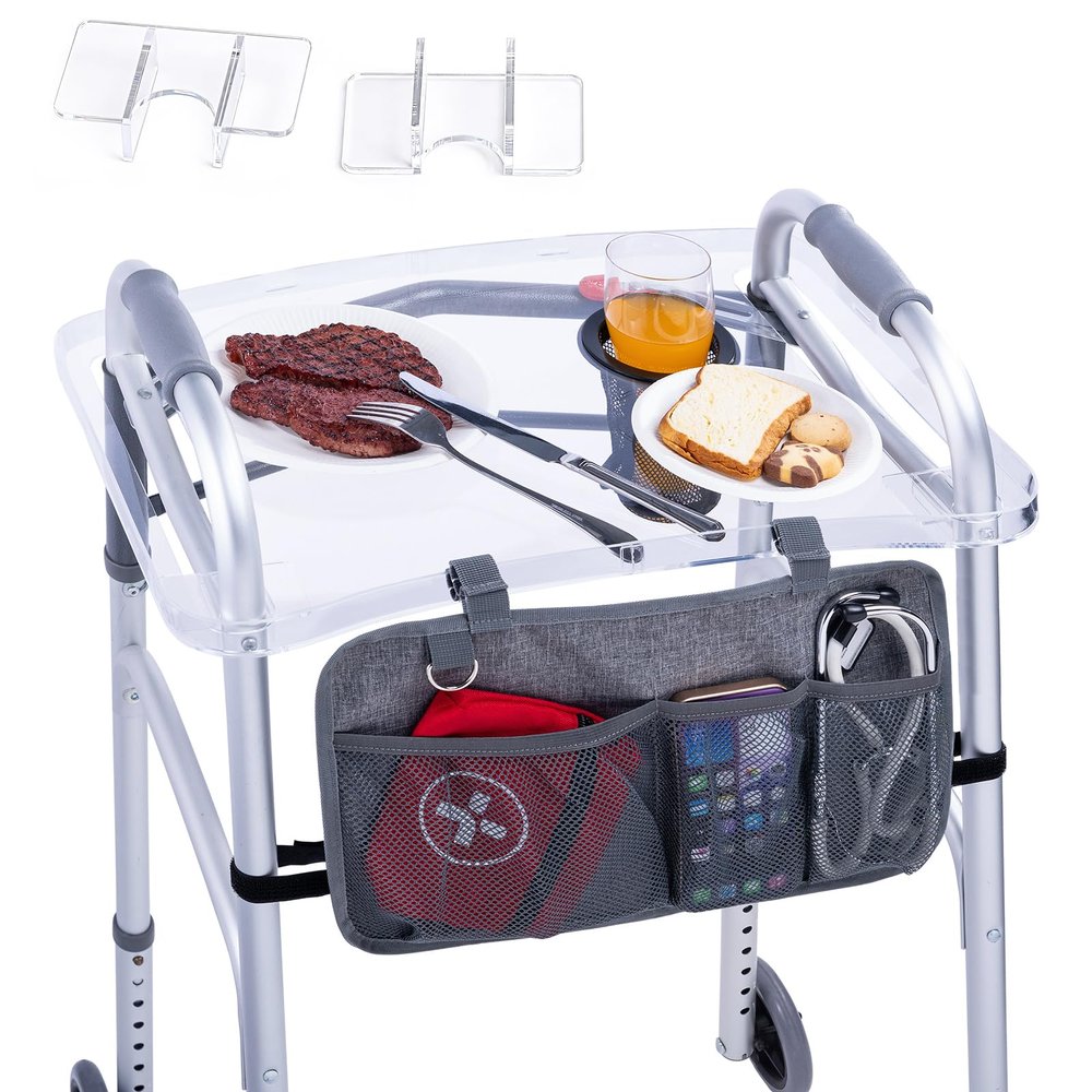 BAGSFY Clear Walker Tray Table with Cup Holder & Storage Bag Non-Slip Food Tray, Fits Standard Folding Walkers with Side Bars, Walker Accessories for Seniors, Supports Up to 10 lbs