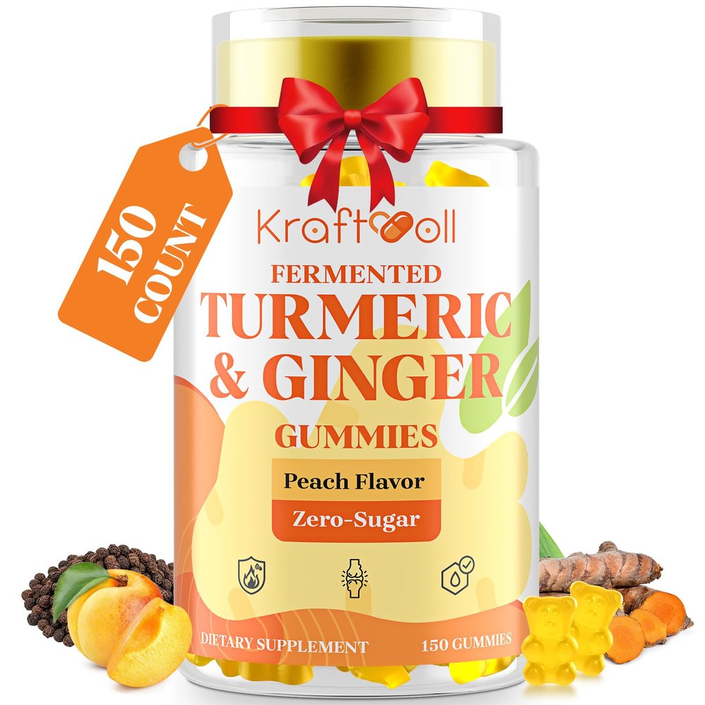 5 Month Supply Turmeric and Ginger Gummies with Black Pepper, Fermented Turmeric for Joint Comfort & Mobility, Sugar-Free with Vitamin D3 + K2, Natural Peach Flavor 150 Gummies