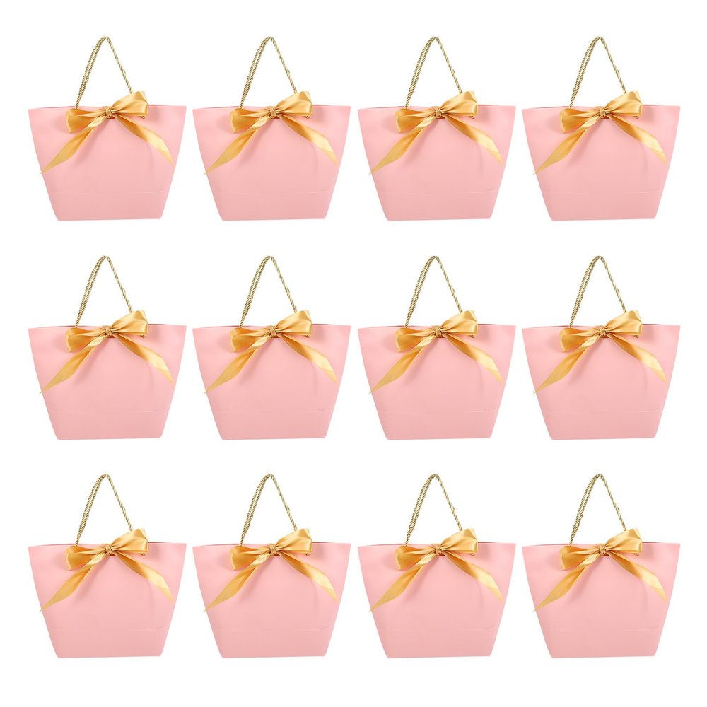 DONFAMDS 12Pcs Pink Bow Design Paper Bags Portable Tote Bags for Boutique Shopping and Party Wrapping