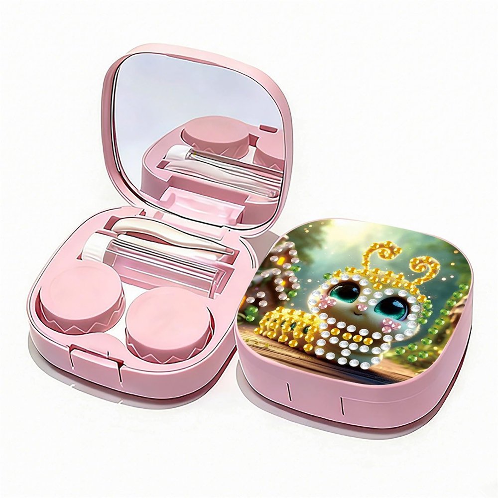 ARTopet Diamond Art Painting Contact Lens Case with Mirror DIY Art Craft Pink Contact Lenses Applicator Removal Tool Kit with Tweezer Solution Bottle for Travel Daily Outdoor-Caterpillar