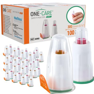 ONE-CARE Opti Safety Pen Tips 30G x 8mm (5/16), Automatic Shielded Design, Universal Twist-On Fit, Extra-Thin Wall Technology, Box of 100