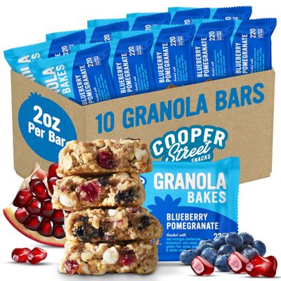 Cooper Street Granola Bakes Blueberry Pomegranate - 2oz Big Oatmeal Granola Bars - Good Source of Fiber & Whole Grains - Soft Baked Breakfast Oat & Seeds Bar - Nut Free & School Safe - 10 Pack