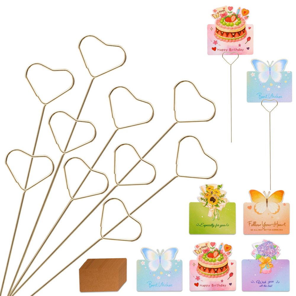 10Pcs 11.8" Heart Floral Picks Card Holders with 15 Greeting Cards, Golden Metal Florist Flower Bouquet Accessories Supplies Photo Place Gifts Card Tree Clips Sticks, Ideal for Birthday Wedding Party
