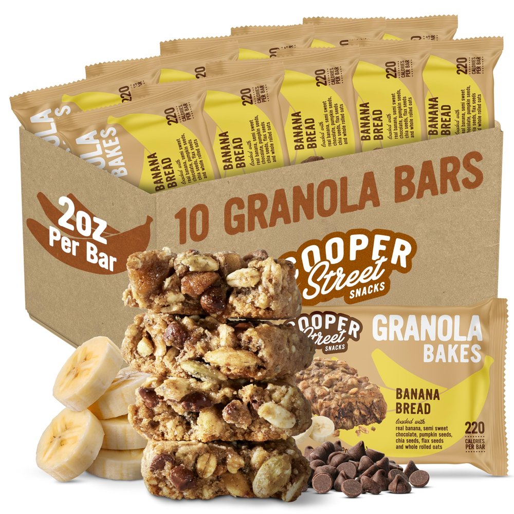 Cooper Street Granola Bakes Banana Bread - 2oz Big Oatmeal Granola Bars - Good Source of Fiber & Whole Grains - Soft Baked Breakfast Oat & Seeds Bar - Nut Free, Dairy Free & School Safe - 10 Pack