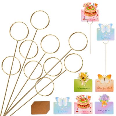 10Pcs 11.8" Round Floral Picks Card Holders with 15 Greeting Cards, Golden Metal Florist Flower Bouquet Accessories Supplies Photo Place Gifts Card Tree Clips Sticks, Ideal for Birthday Wedding Party