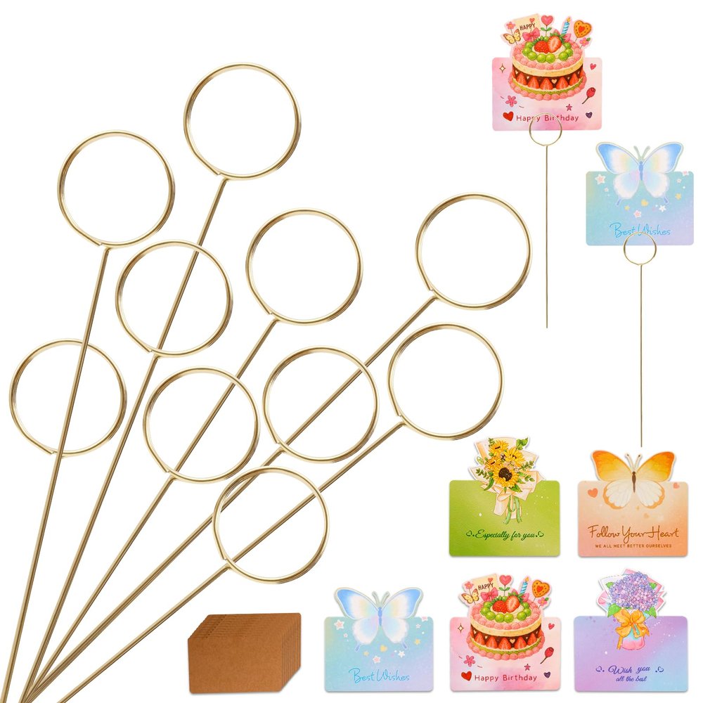 10Pcs 11.8" Round Floral Picks Card Holders with 15 Greeting Cards, Golden Metal Florist Flower Bouquet Accessories Supplies Photo Place Gifts Card Tree Clips Sticks, Ideal for Birthday Wedding Party