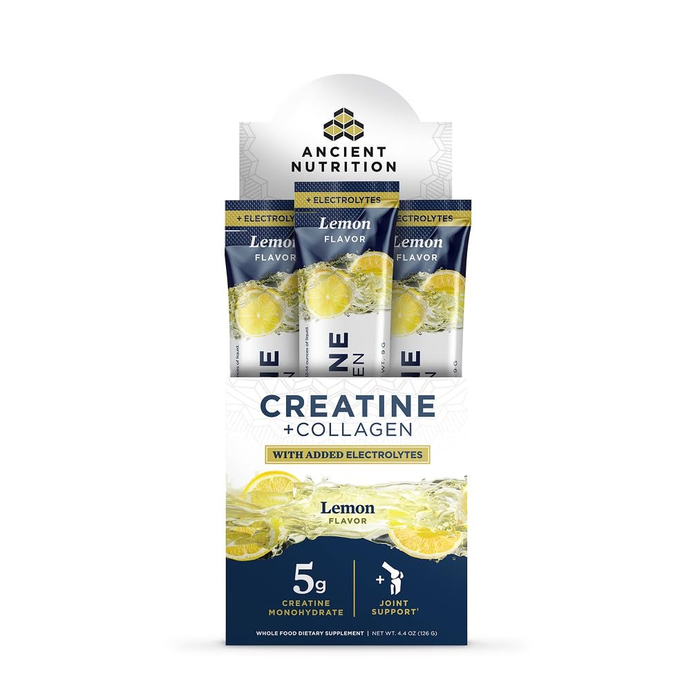 Ancient Nutrition Creatine + Collagen + Electrolytes Muscle Strength, Lean Body Mass, Joint Comfort & Cognitive Support Includes 5g Creatine Monohydrate for Women, Lemon (15 Servings)