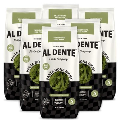 Al Dente Spinach Fettuccine All-Natural, Hand-Crafted Egg Pasta. Delicious and Versatile - Classic Pasta Noodles Made with Cage-Free Eggs and Semolina. 12oz Bags (Pack of 6)