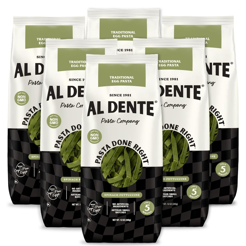 Al Dente Spinach Fettuccine All-Natural, Hand-Crafted Egg Pasta. Delicious and Versatile - Classic Pasta Noodles Made with Cage-Free Eggs and Semolina. 12oz Bags (Pack of 6)