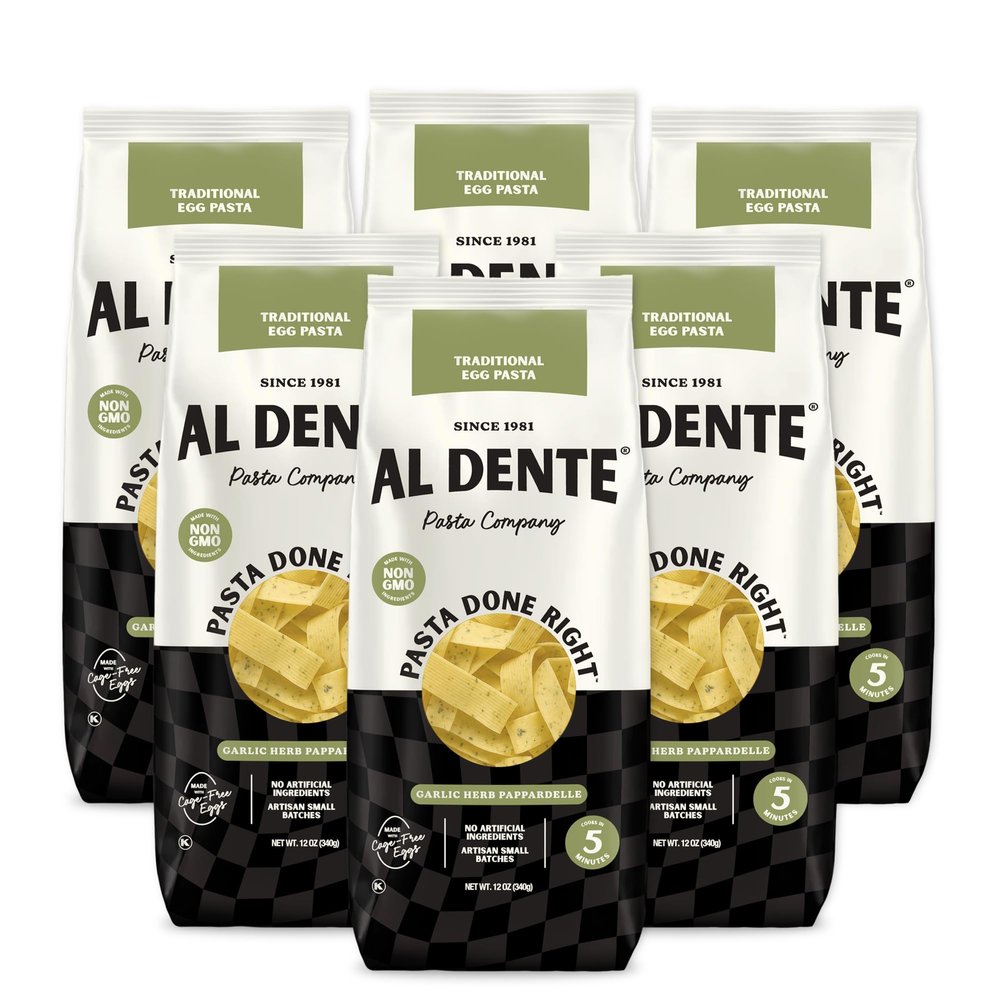 Al Dente Garlic Herb Pappardelle All-Natural, Hand-Crafted Egg Pasta. Delicious and Versatile - Classic Pasta Noodles Made with Cage-Free Eggs and Semolina, 12oz Bags (Pack of 6)