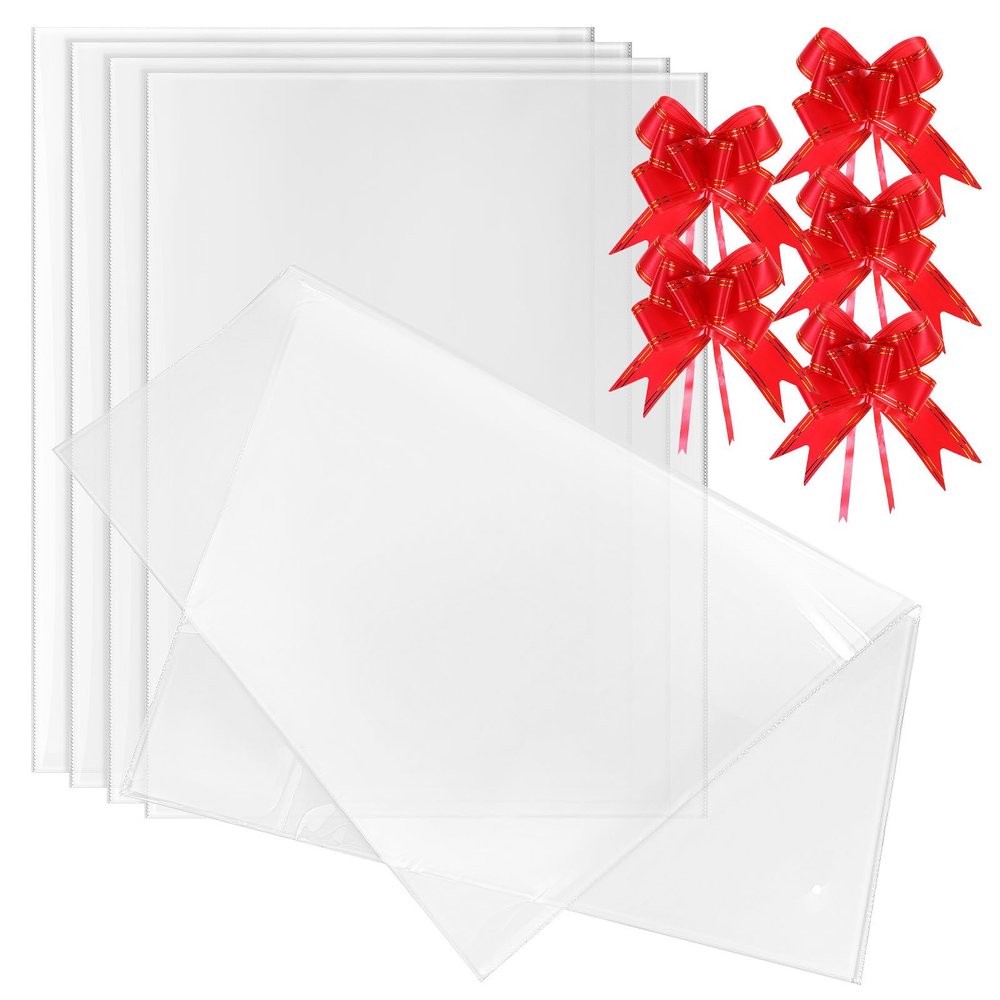 BEBEMOKO Large Cellophane Bags with Red Bow Tie, 10pcs 75X100Cm Basket Wrapping Bags for Packaging and Holiday Basket Wraps