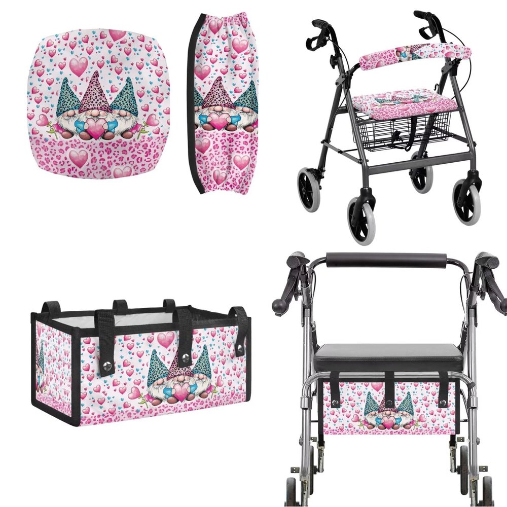 Jrysaedy Valentine's Day Rallator Walker Accessories for Walkers Dawrf Rollator Walker Seat Cushion and Backrest Cover with Storage Bag, 3PCS Universal Fit Walker Accessories
