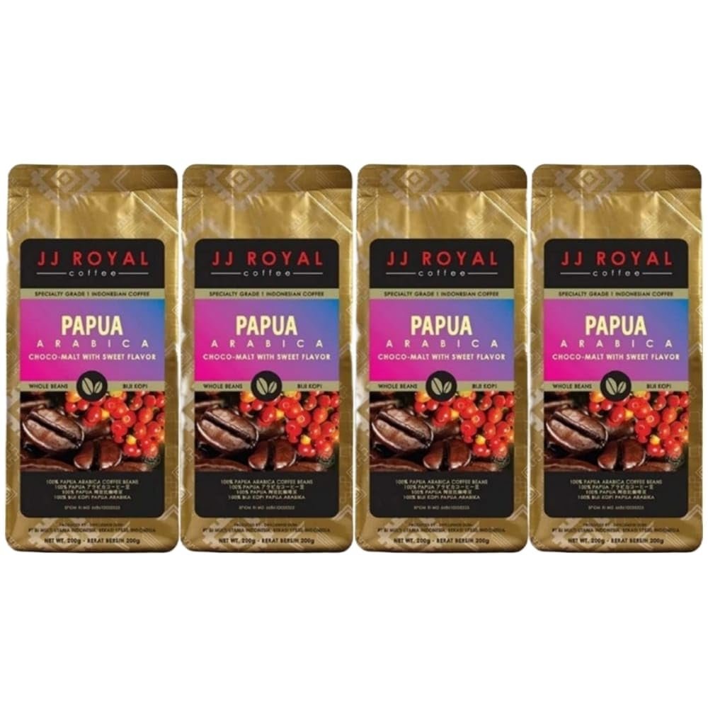 JJ Royal Coffee, Papua Arabica, 200g, Whole Beans (Pack of 4)