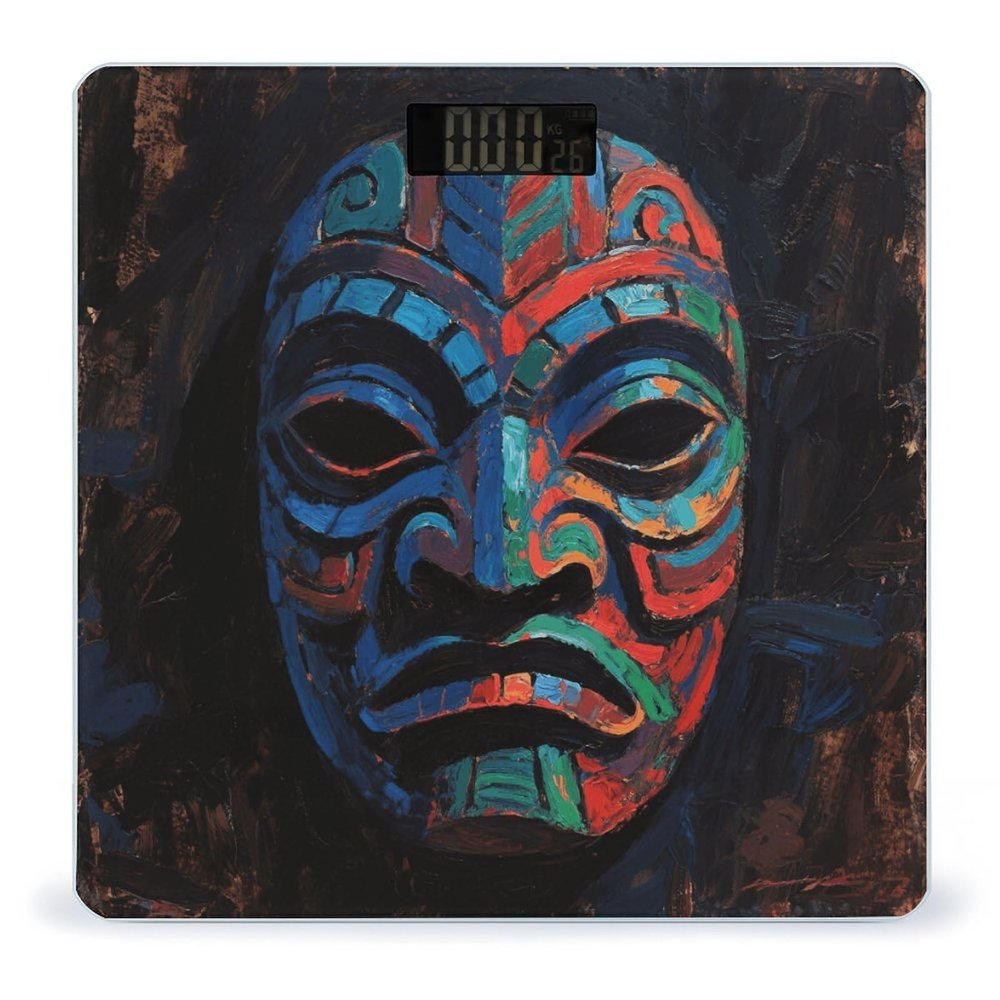 3D Colorful Tiki Mask Pattern Bathroom Scale for Body Weight Bathroom Digital Electronic Weighing Scale with Back Lit LED Display Sturdy Tempered Glass Weight Watchers Scales 400lb