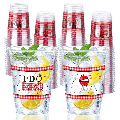 100 Pcs I Do BBQ Plastic Cups 16 oz BBQ Summer Rustic Barbecue Disposable Plastic Cups Coral Clear Cocktail Glasses for Wedding Bridal Shower Bachelorette Party Beach Beverage Drinking Party Supplies