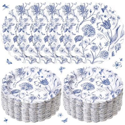 Funnymoom 100 Pcs Blue Floral Paper Plates 7 Inches Hummingbird Floral Theme Decorative Disposable Dinner Plates Wildflowers Party Plate for Summer Spring Birthday Baby Shower Party Supplies