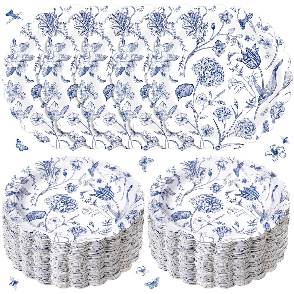 Funnymoom 100 Pcs Blue Floral Paper Plates 7 Inches Hummingbird Floral Theme Decorative Disposable Dinner Plates Wildflowers Party Plate for Summer Spring Birthday Baby Shower Party Supplies