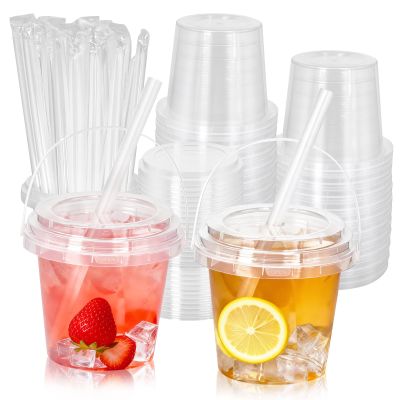 40 Set 24 oz Clear Plastic Drink Buckets with Lids & Straws, Disposable Iced Coffee & Cocktail Cups with Handles, Bulk Rum Buckets for Beach, Pool & Party Supplies