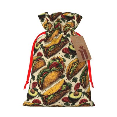 Fuzquwu Taco (1) Pattern Christmas Gift Bag, Drawstring Gift Bags For Holidays, Birthday, Party Favors With Kraft Paper Tag