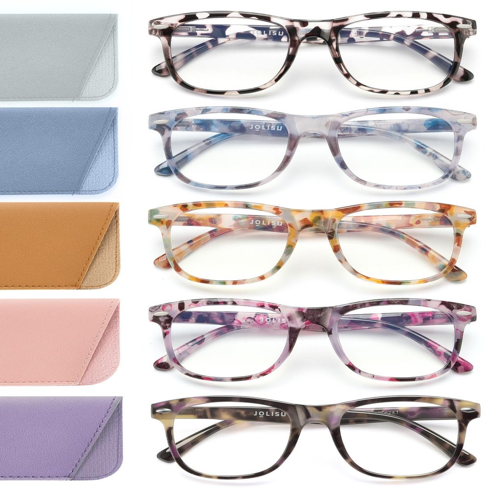 JOLISU Reading Glasses For Women - 5 Pack Stylish Readers For Womens Men Spring Hinge Eyeglasses -Blue Light Blocking Protection Frame (1.25)