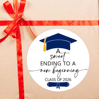 30 Pcs Graduation Stickers Class of 2026, Blue Graduation Cap Stickers, A Sweet Ending to A New Beginning Sticker Labels, College Student Gifts Name Tags for Gift Wrap Bags, 2.5x2.5 Inch-B30