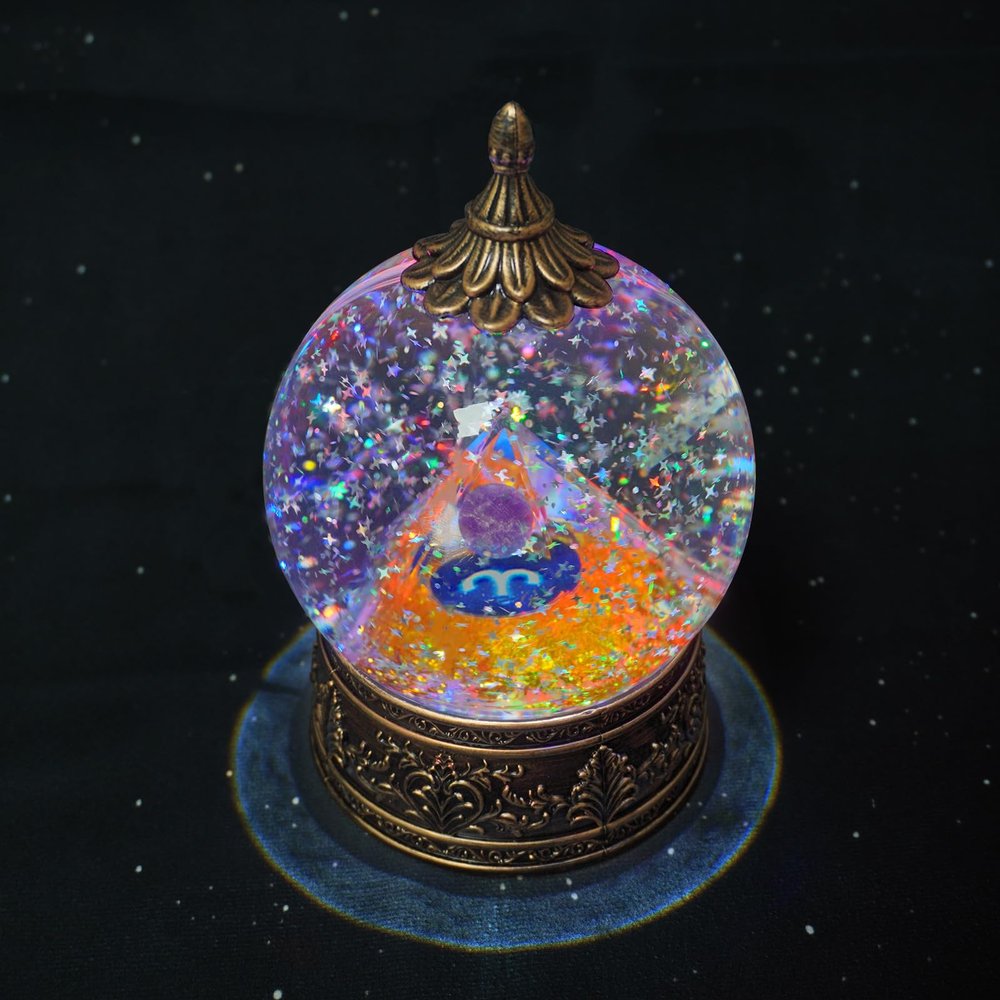 12 Zodiac Signs Aries Crystal Pyramid Globe with Topaz Healing Stones and Glitter, Pyramid for Positive Energy, Lucky, Handmade Zodiac Themed Gifts for Its Lovers, Birthday Gifts (Aries)