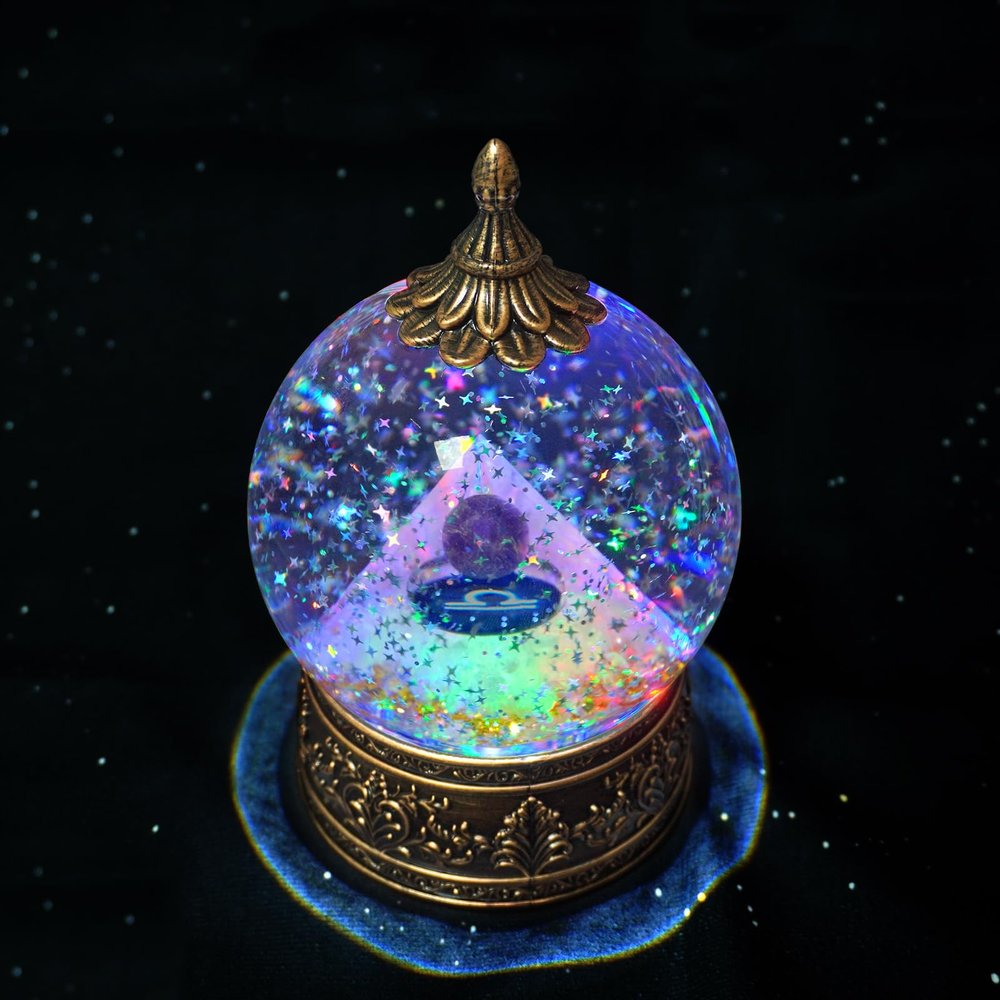12 Zodiac Signs Libra Crystal Pyramid Globe with Golden Rutilated Quartz Healing Stones and Glitter, Pyramid for Energy, Lucky, Handmade Zodiac Themed Gifts for Its Lovers, Birthday Gifts (Libra)